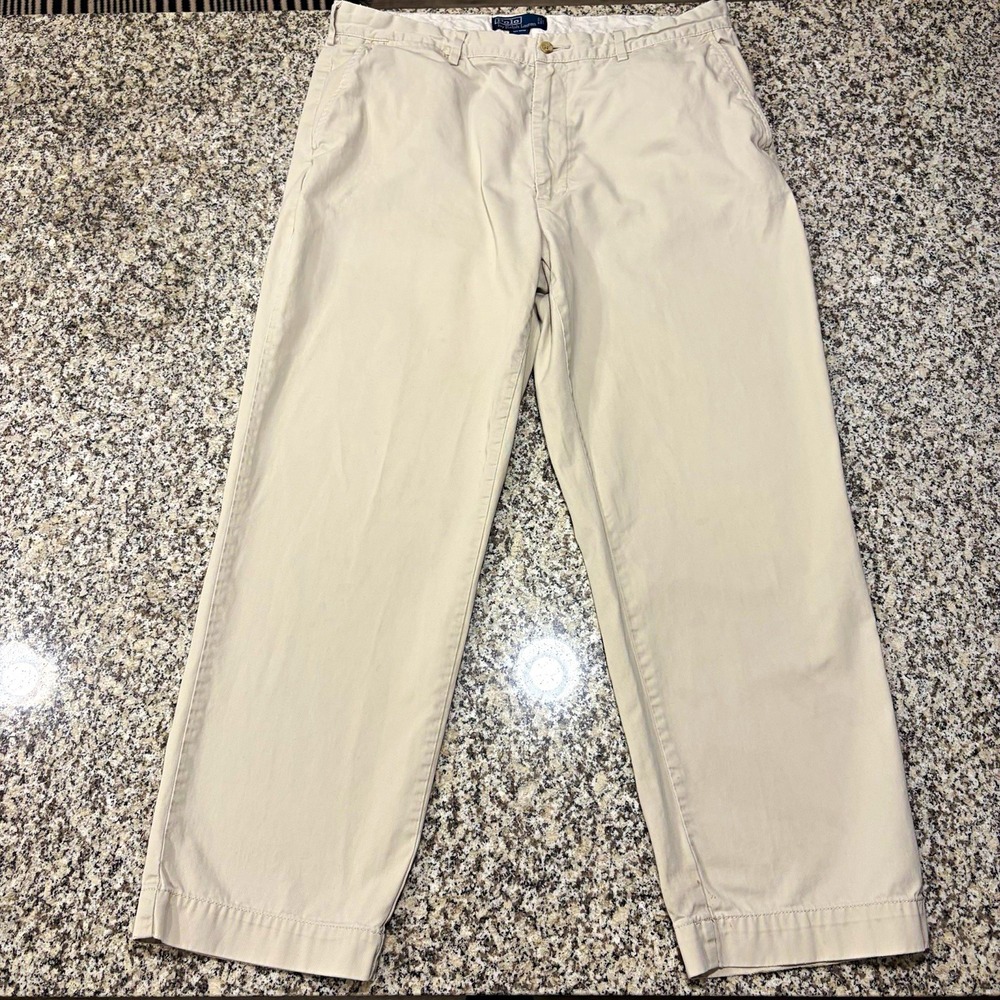Polo Ralph Lauren Classic Chino Pants Mens 38x30 Beige Khaki Flat Front Cotton⁠